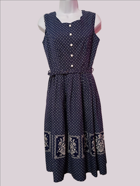 Vintage navy Sleeveless 💙 Polka Dot Knee Length Dress with Border Print